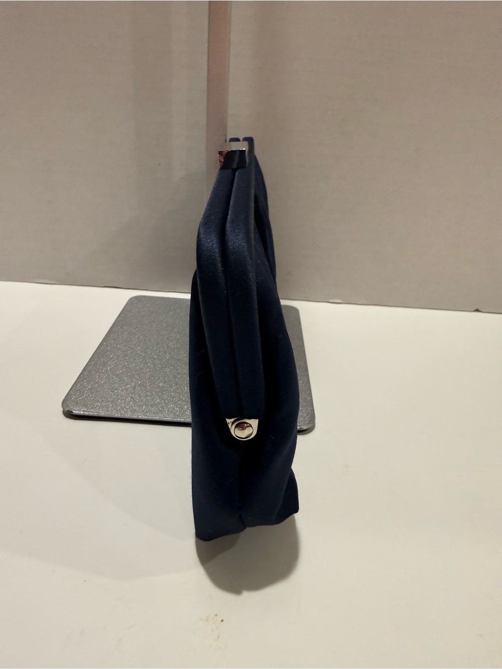 Nina Satin Evening Clutch in Navy with Hot Pink Lining with Silver Chain - Picture 2 of 11